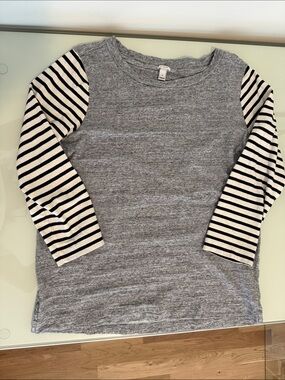 J. Crew ladies Grey Tee with Black & White Striped Sleeves